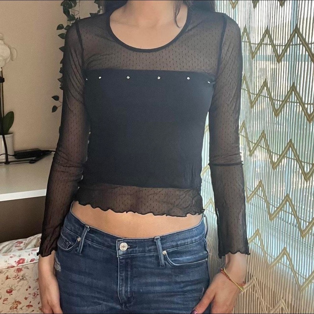 Black Mesh Polka Dot Rhinestone Lettuce Trim Cropped Long Sleeve Top